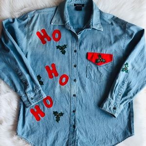 DENIM BLUE UGLY HOLIDAY SWEATER BLOUSE CHRISTMAS